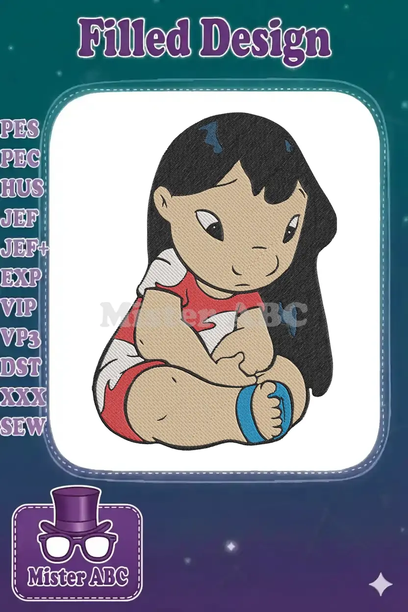 Digitized embroidery design of Lilo Pelekai from Disney's Lilo & Stitch, sitting sadly with knees up.