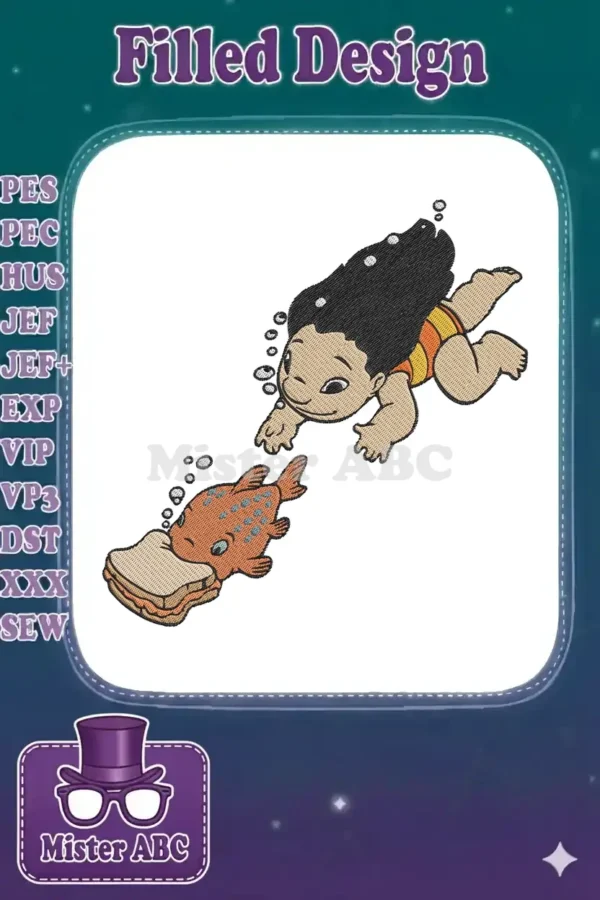 Lilo Pelekai and Pudge the fish swimming underwater, with Pudge holding a peanut butter sandwich.