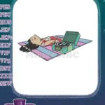 Relaxing girl with record player vintage music embroidery designs - Instant Download