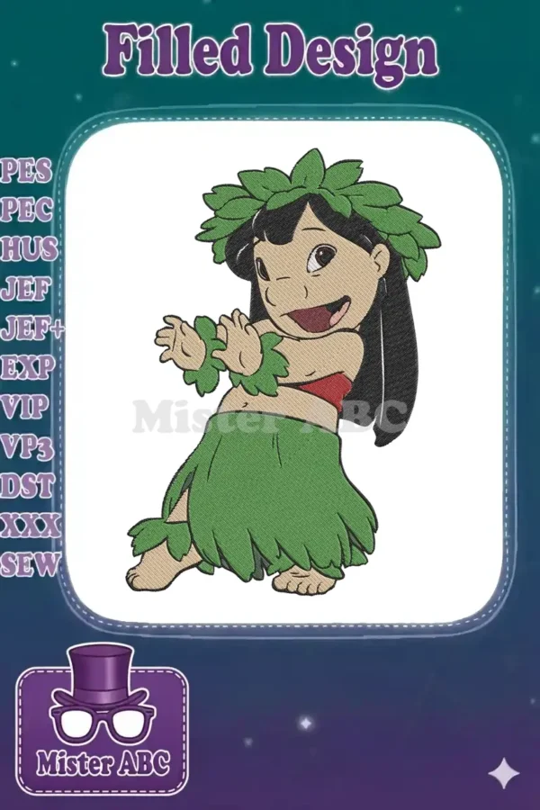 Close-up of Lilo from Lilo & Stitch, smiling and dancing in a green hula skirt and leaf lei.