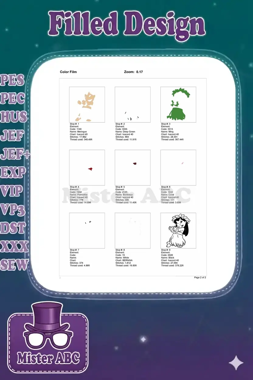 Color film breakdown for the Lilo embroidery design, detailing each color stop and thread usage.
