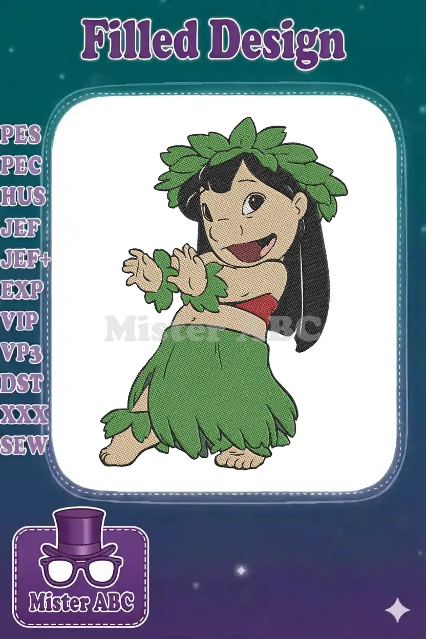 Close-up of Lilo from Lilo & Stitch, smiling and dancing in a green hula skirt and leaf lei.