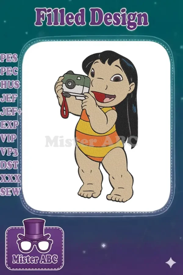 Vibrant embroidery design featuring Lilo from Disney's Lilo & Stitch, cheerfully holding a green camera in her swimsuit.