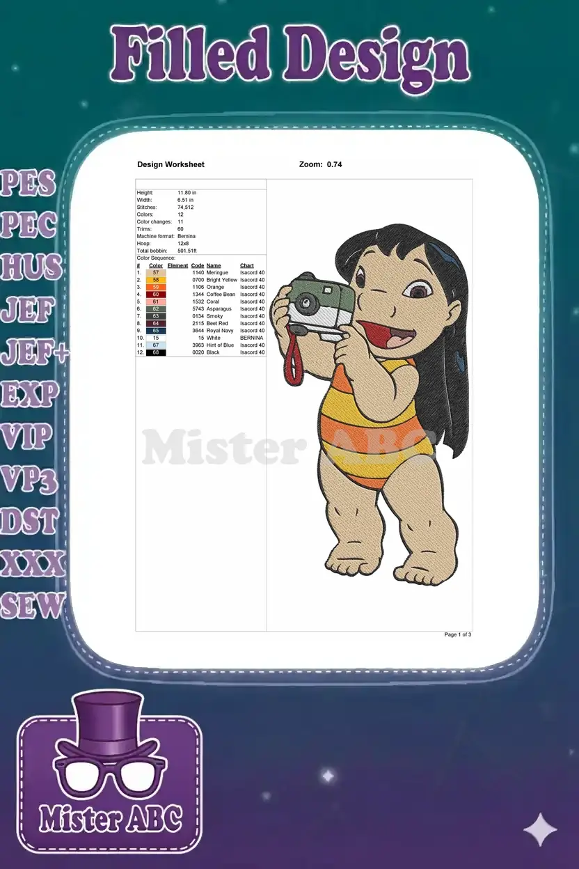 Detailed embroidery design worksheet for Lilo with camera, showing stitch count, color sequence, and dimensions.