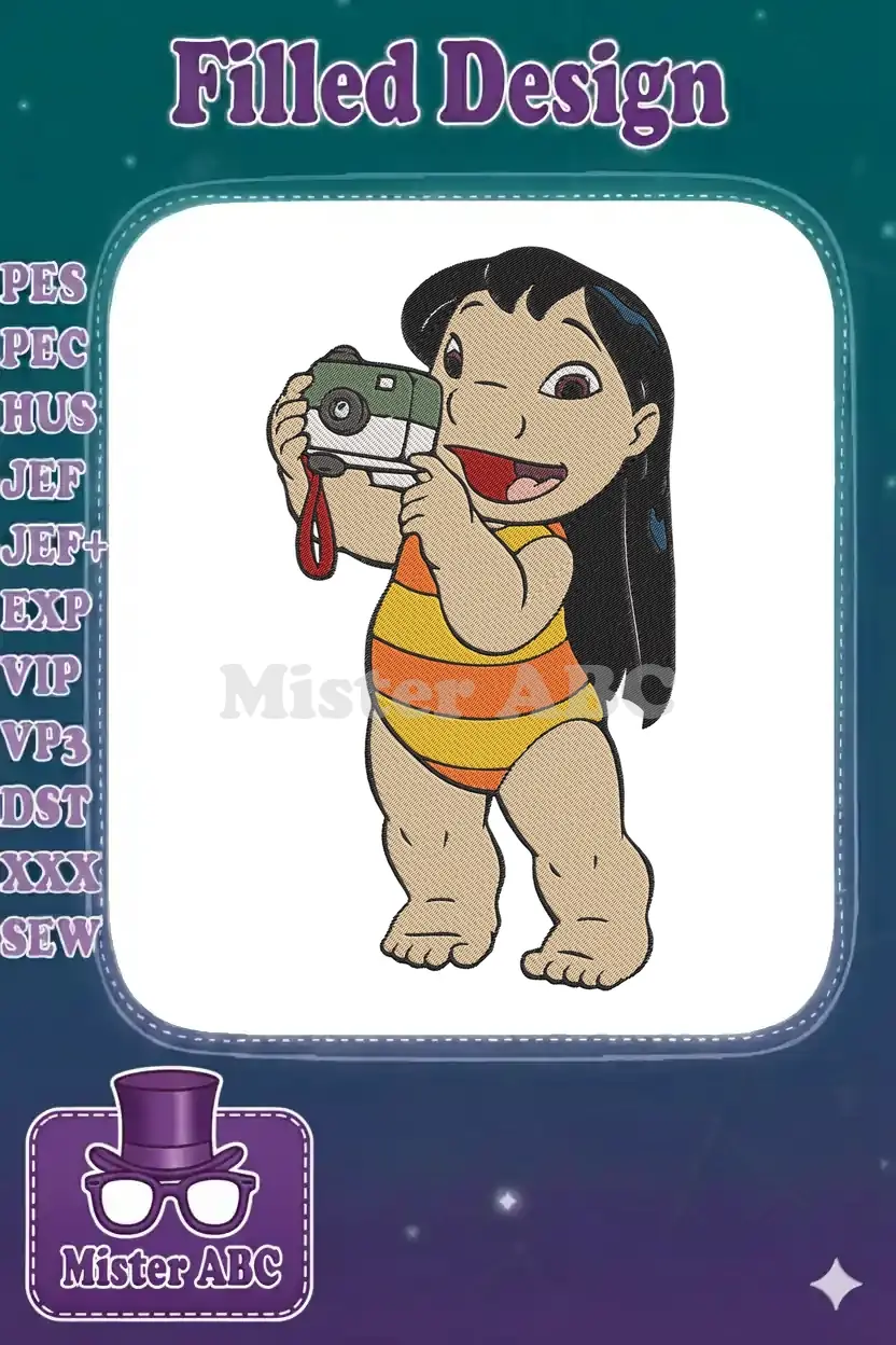 Vibrant embroidery design featuring Lilo from Disney's Lilo & Stitch, cheerfully holding a green camera in her swimsuit.