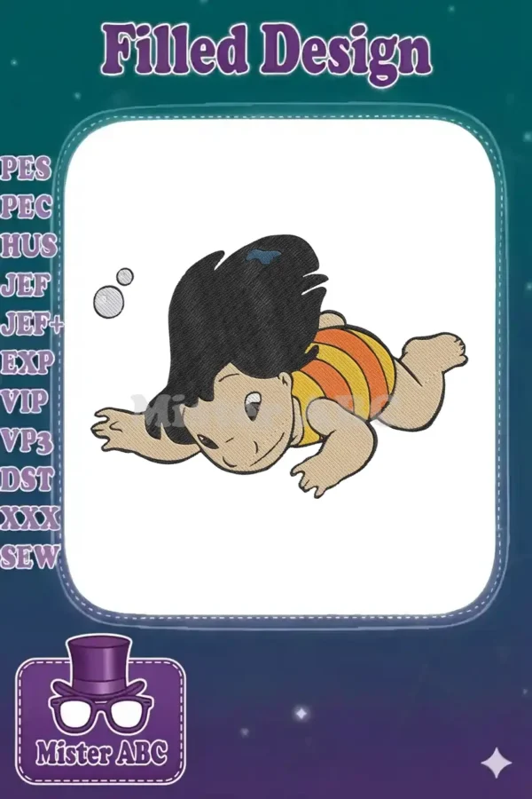 Embroidery design of Lilo from Disney's Lilo & Stitch, happily swimming with bubbles, featuring a vibrant, playful look.