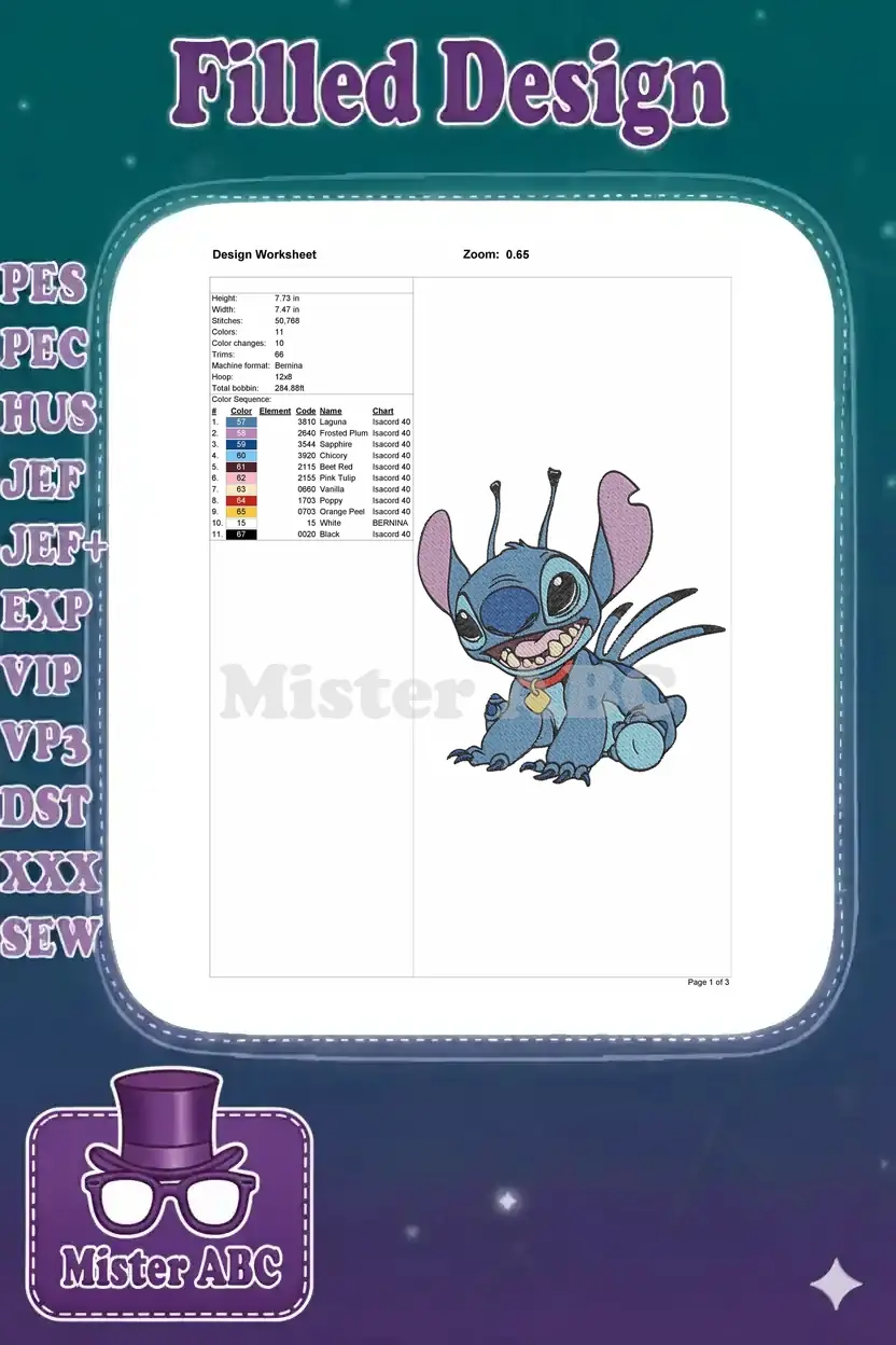 Embroidery design worksheet for Stitch, showing dimensions, stitch count, color chart, and machine details.