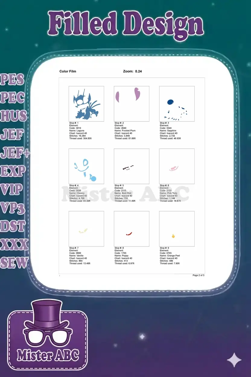 First page of the Stitch embroidery color film, showing initial color stops and thread details.