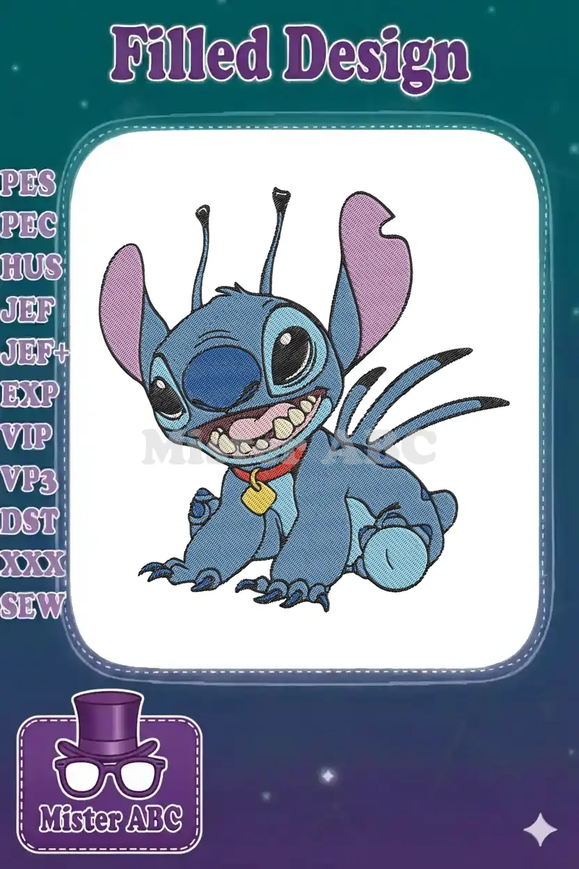 Close-up of a vibrant, detailed Stitch embroidery design, featuring his mischievous grin and red collar.