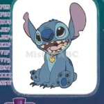 Cute blue alien Stitch smiling dog collar embroidery designs - Instant Download