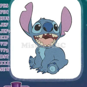 Detailed embroidery of Stitch from Lilo & Stitch, sitting and laughing, showcasing vibrant blues and pinks.