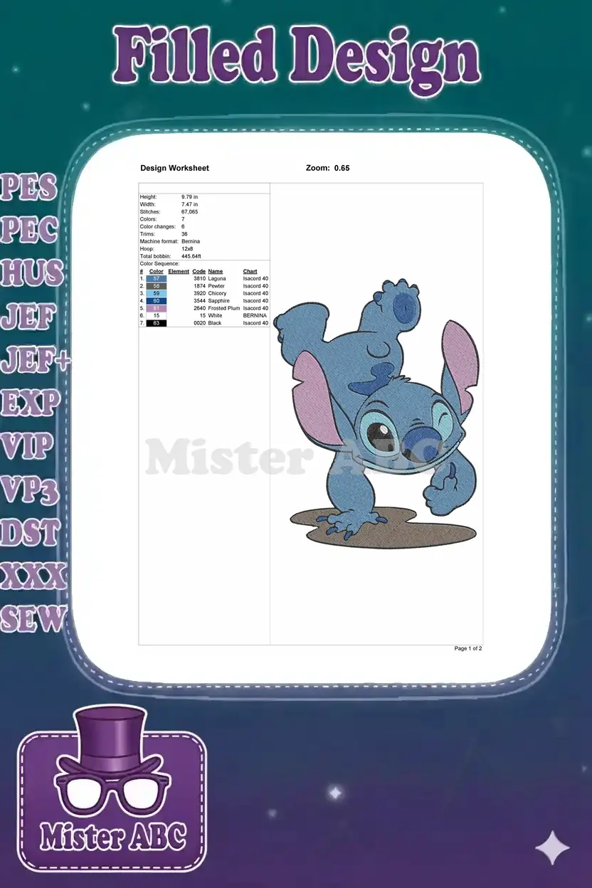 Embroidery design worksheet for Stitch, detailing dimensions, stitch count, thread colors, and machine format.