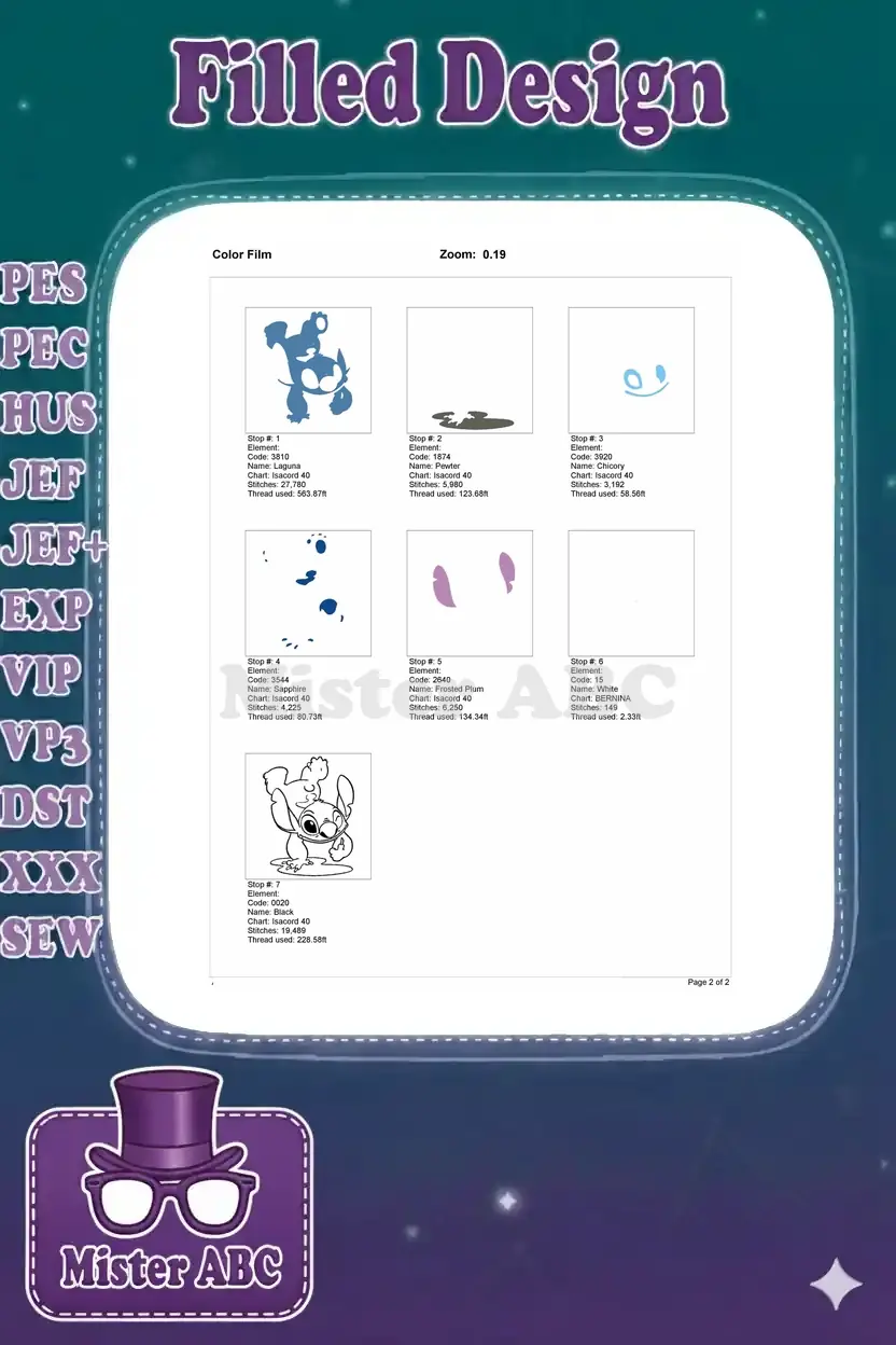 Color film breakdown for the Stitch embroidery design, showing each stitch stop and thread sequence.