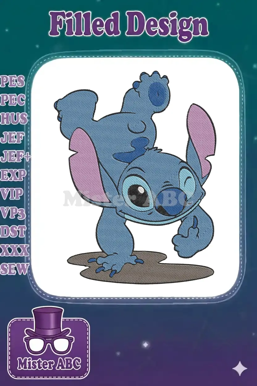 A vibrant embroidery design of Disney's Stitch from Lilo & Stitch, in a playful, dynamic pose with detailed stitching.