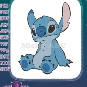 A cute, detailed embroidery design of Disney's Stitch, sitting with a playful expression, featuring blue and light pink tones.