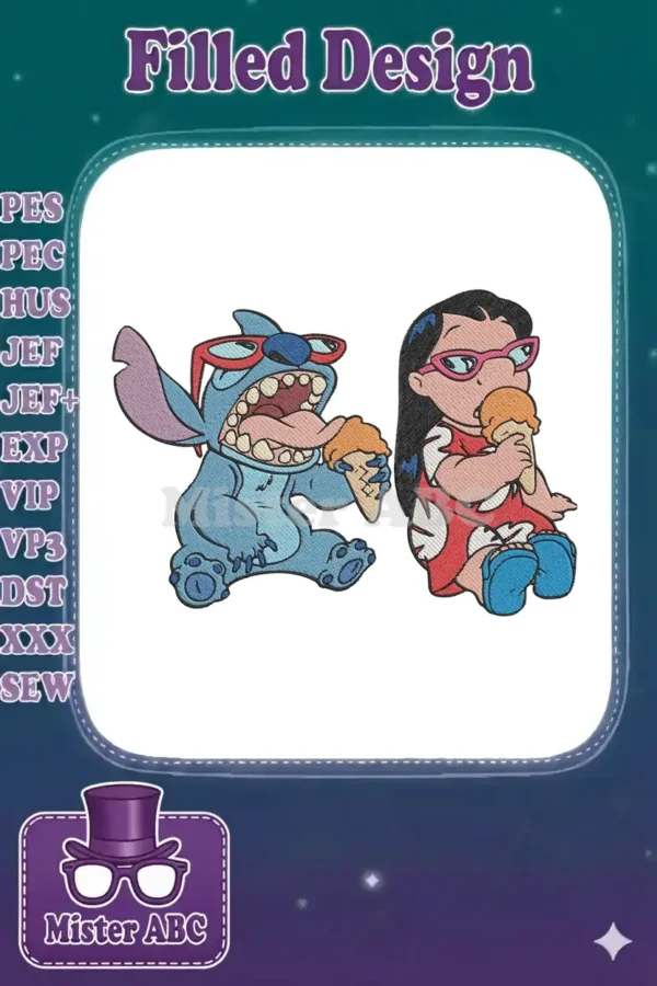 Stitch and Lilo embroidery design, happily eating ice cream cones, featuring vibrant colors and playful expressions.