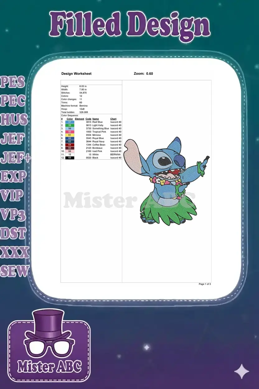 Embroidery design worksheet displaying Stitch, alongside crucial details like dimensions, stitch count, and color chart.