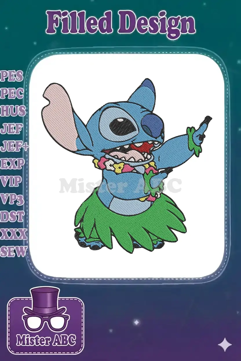 Close-up of an embroidered Stitch character in a hula skirt and lei, arms outstretched, joyful expression.