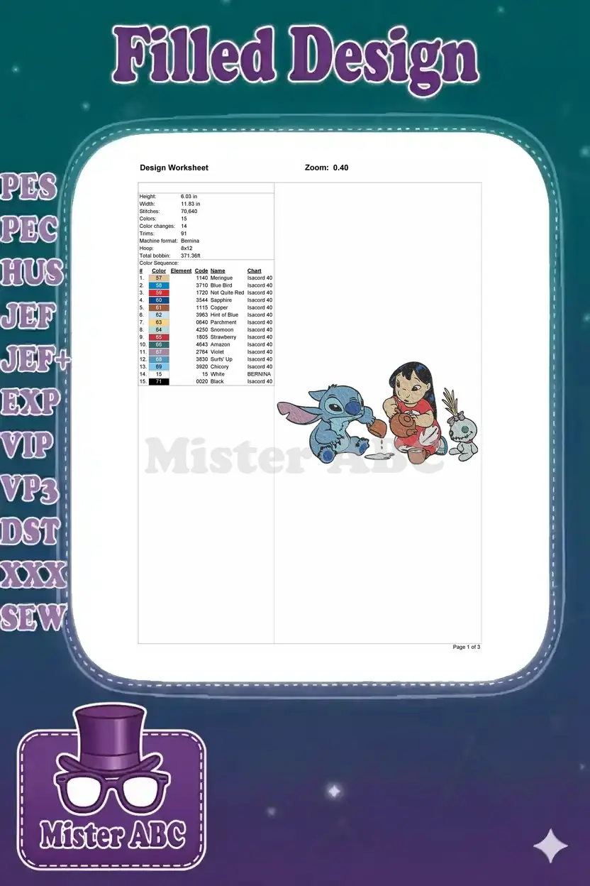 Embroidery design worksheet for Lilo & Stitch tea party, detailing dimensions, stitch count, and color sequence.