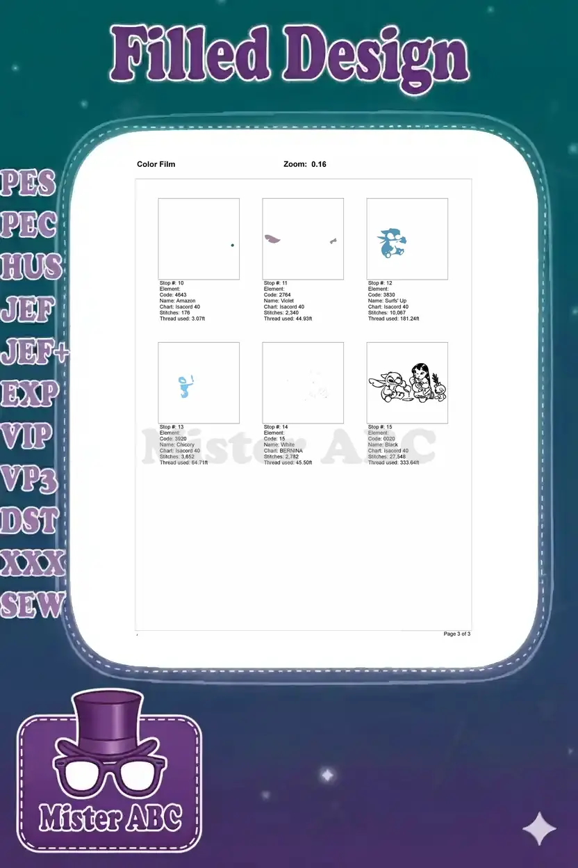 Second page of the color film for the Lilo & Stitch embroidery design, completing the color sequence and design.