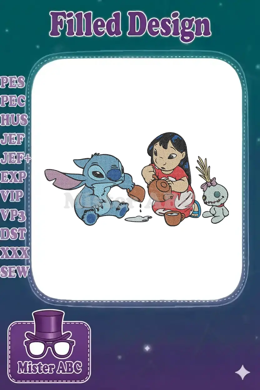 Lilo, Stitch, and Scrump in an adorable tea party embroidery design, featuring vibrant colors and detailed stitching.