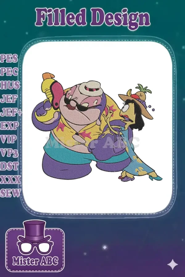 Vibrant embroidery of Jumba Jookiba in a colorful tourist outfit with a water gun, looking at a distressed Pleakley.