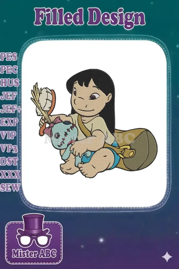 Lilo Pelekai from Disney's Lilo & Stitch, sitting with her rag doll Scrump and a toothbrush, ready for adventure.