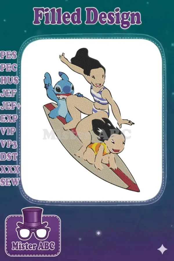 Lilo & Stitch with a child surfing on a single board, a vibrant and dynamic embroidery design perfect for fans.