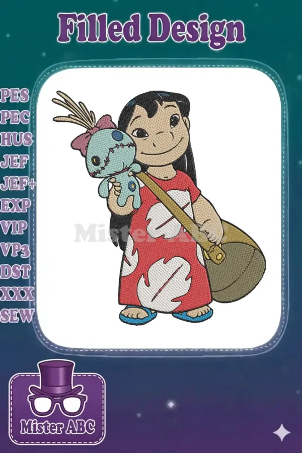 Lilo Pelekai from Lilo & Stitch, holding Scrump and a bag, in a detailed, colorful embroidery design.