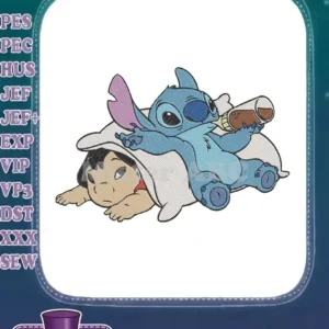 Lilo & Stitch embroidery design showing Stitch with a baby bottle, playfully on top of a sleepy Lilo.