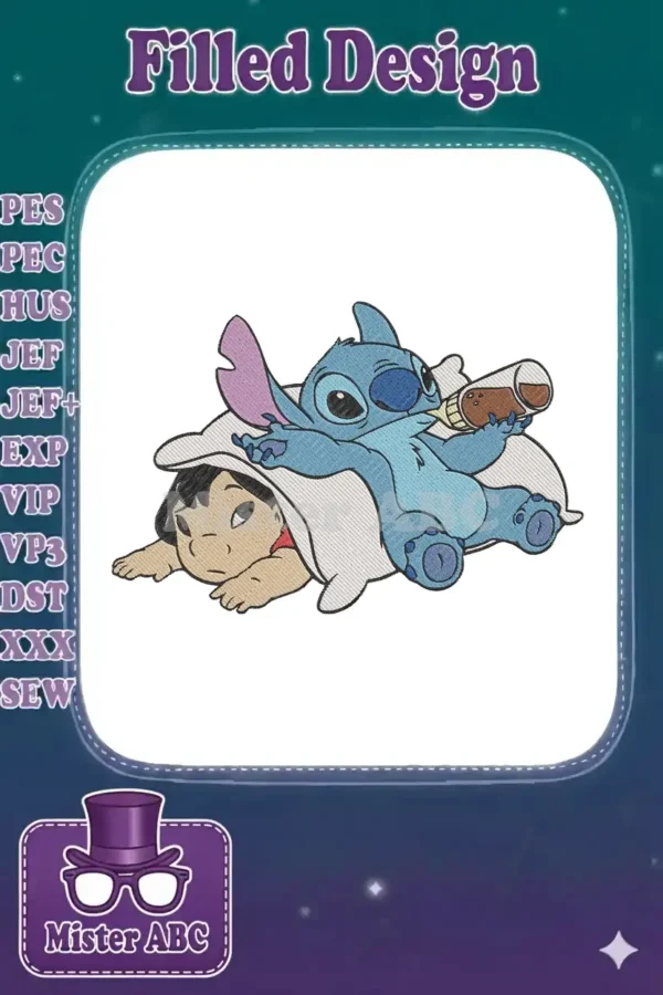 Lilo & Stitch embroidery design showing Stitch with a baby bottle, playfully on top of a sleepy Lilo.