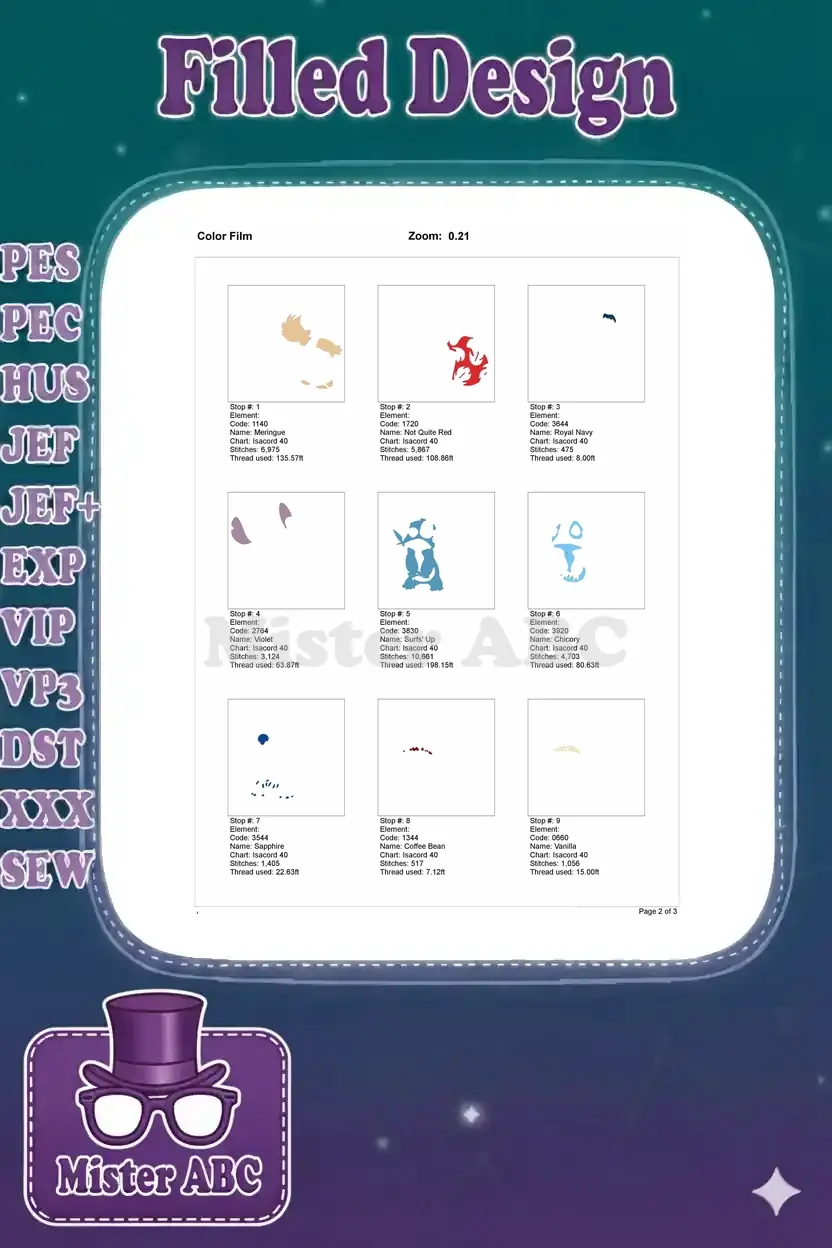 First nine color stops of the Lilo and Stitch embroidery design, showing individual stitch areas and thread usage.