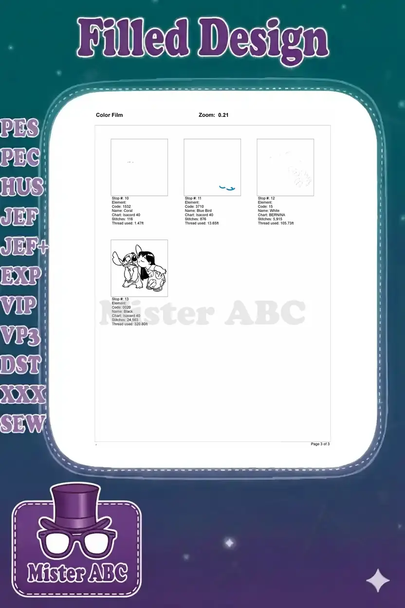 Remaining color stops (10-13) of the Lilo and Stitch embroidery design, illustrating the final layering process.