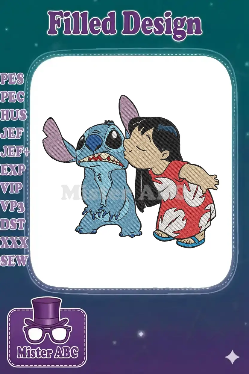 Lilo is sweetly kissing Stitch's cheek, who looks slightly overwhelmed but endearing, a charming embroidery design.