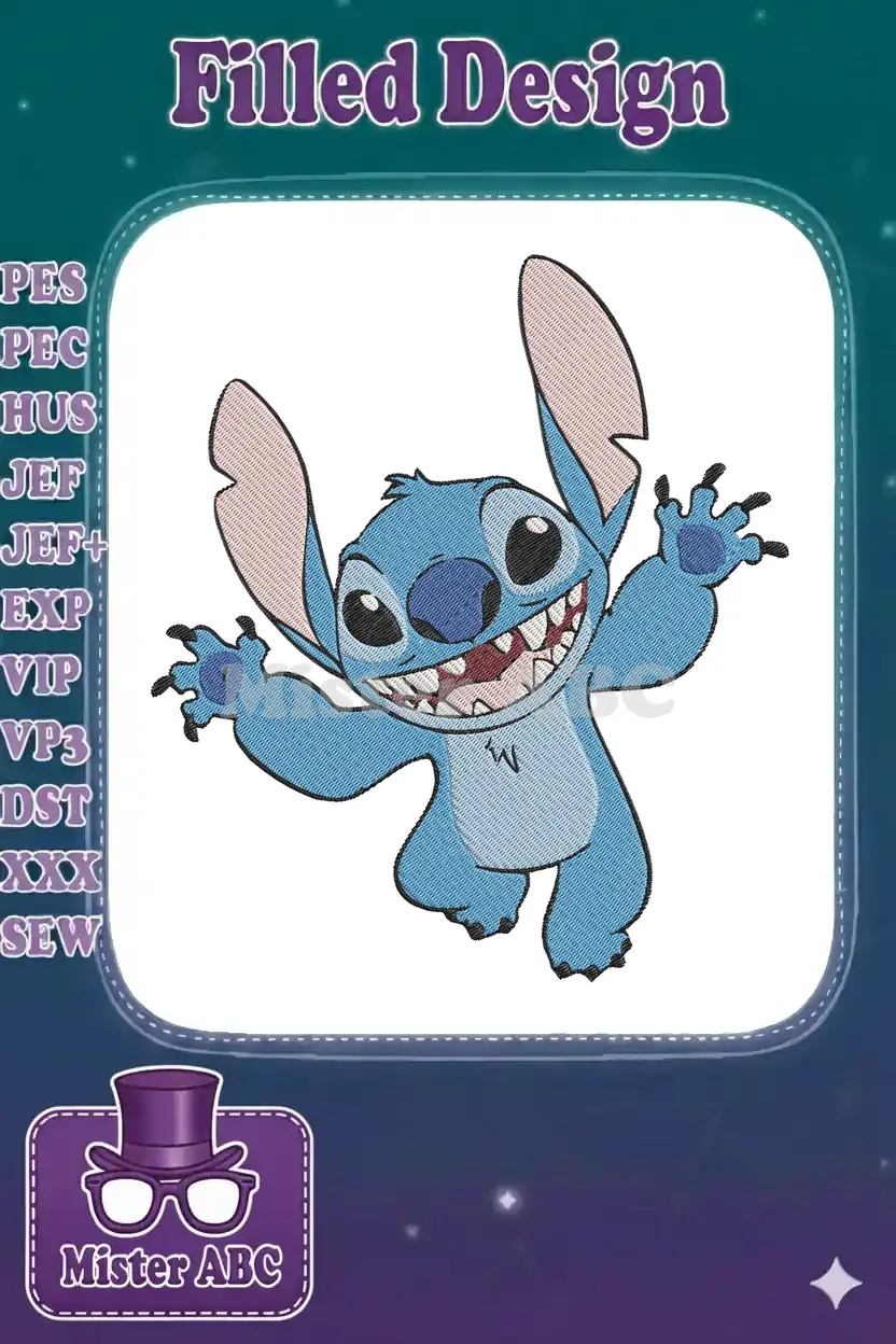 A vibrant, embroidered design of Disney's Stitch, arms raised in a playful, mischievous pose, showcasing detailed stitching.