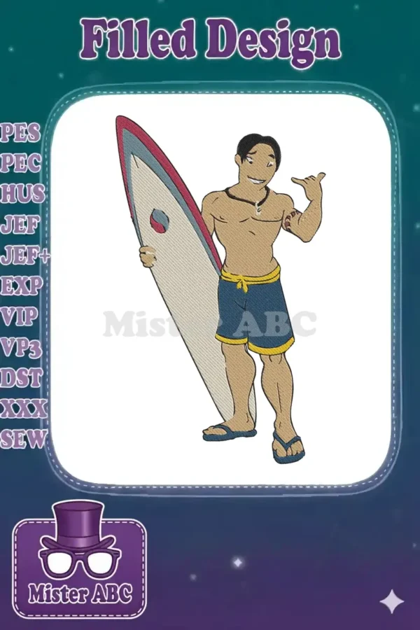 Embroidery design of a smiling David Kawena from Lilo & Stitch, holding a surfboard, ready for the waves.
