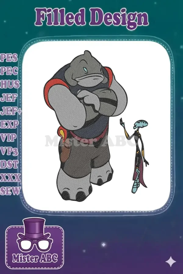 Full-color embroidery design of Captain Gantu, a large gray alien with crossed arms, and a slender blue alien.