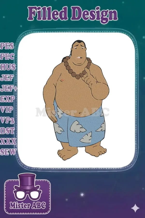 David Kawena embroidery design, full body, shirtless with lei and floral shorts, pointing, vibrant colors.