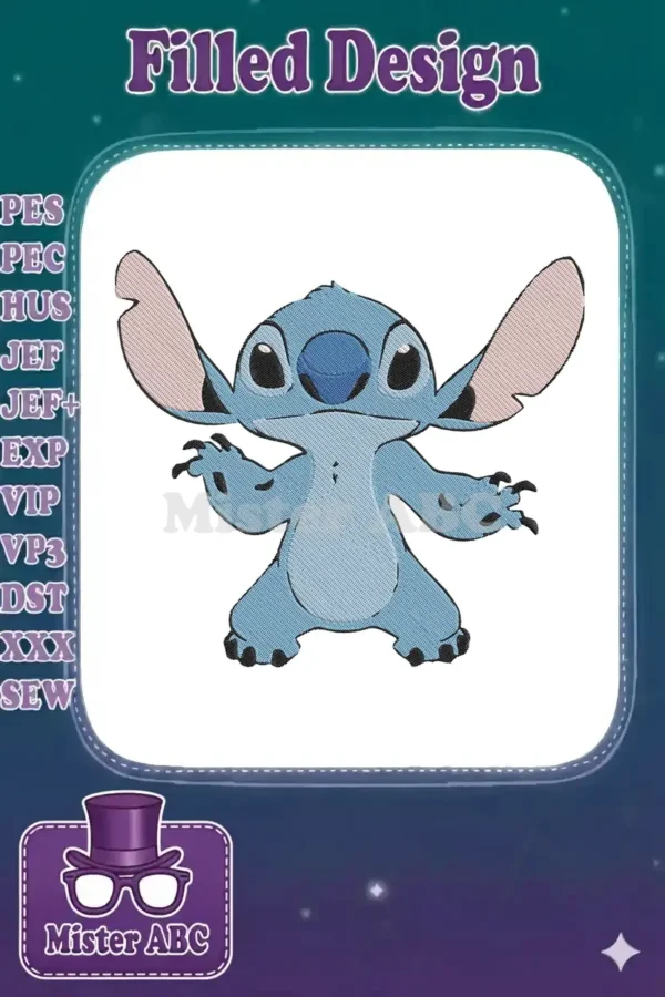Full-color embroidery design of Disney's Stitch, the blue alien from Lilo & Stitch, standing playfully.