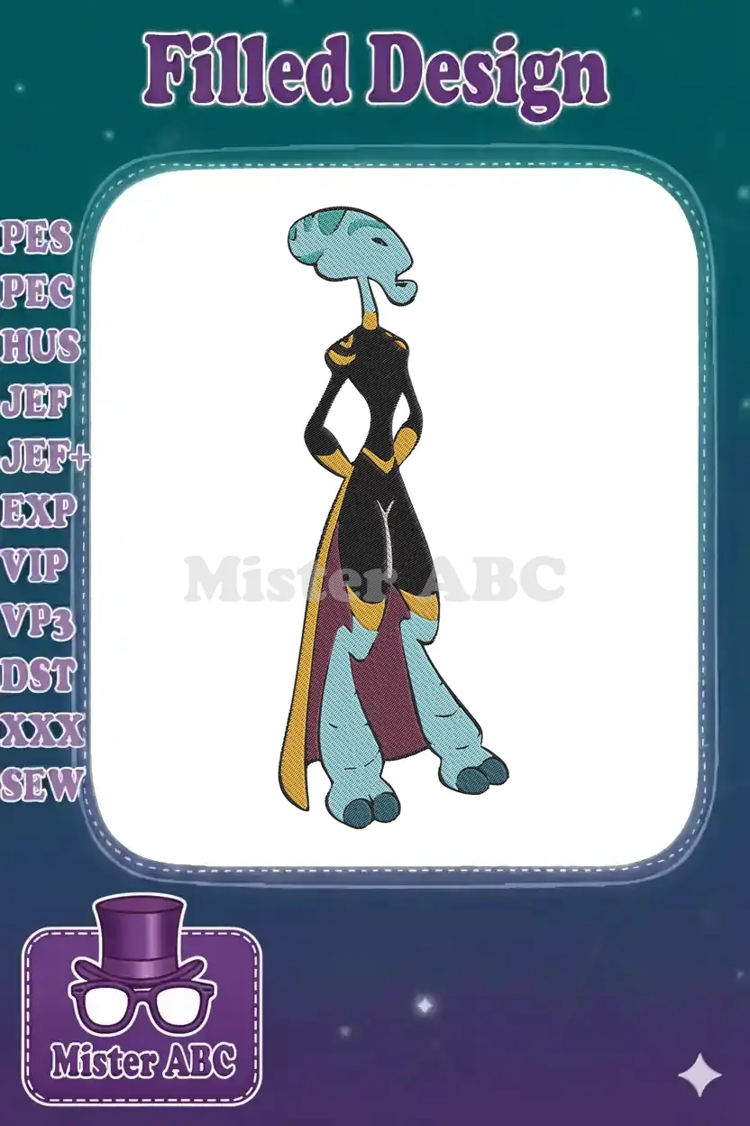 A vibrant embroidery design of Pleakley from Lilo & Stitch in his distinctive human disguise, ready to be stitched.