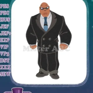 Full-body embroidery design of Lex Luthor in a black suit, white shirt, and blue tie, with dark glasses.