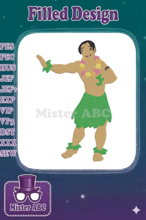 A spirited machine embroidery design featuring a male hula dancer in a lively pose, adorned with a lei and grass skirt.