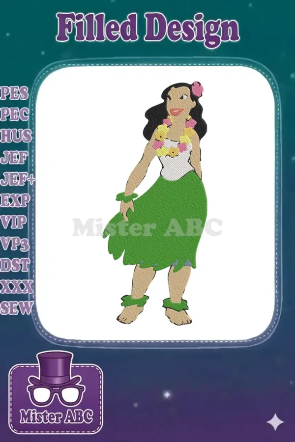 A vibrant embroidery design of Nani, the Hula Dancer, with a green skirt, lei, and flower in her hair.