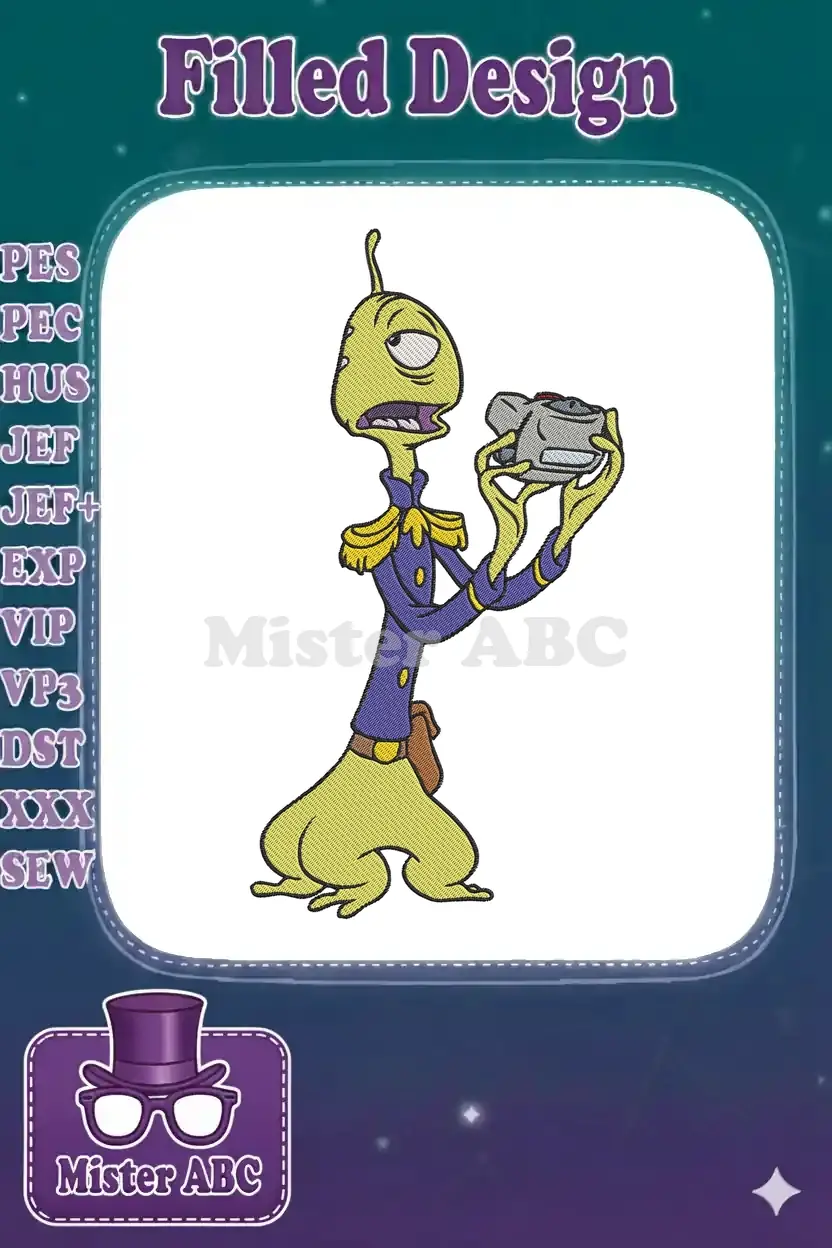 Full-color embroidery of Experiment 625 (Reuben) from Lilo & Stitch, wearing a purple uniform and holding a sandwich.
