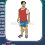 Cartoon boy in red shirt blue shorts flip-flops embroidery designs - Instant Download