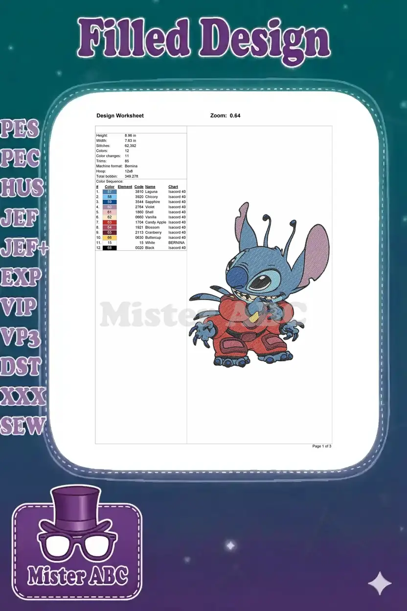 Embroidery design worksheet detailing Stitch's design, including dimensions, stitch count, colors, and thread types.