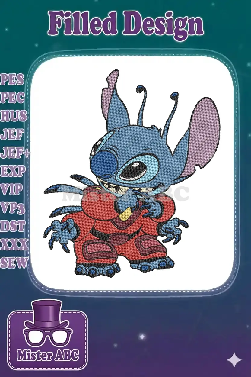 Embroidery design of Stitch from Lilo & Stitch, wearing a red suit, looking mischievous on a white background.