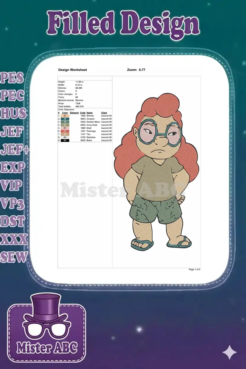 Embroidery design worksheet for Megan from Recess, showing dimensions, stitch count, color sequence, and machine formats.