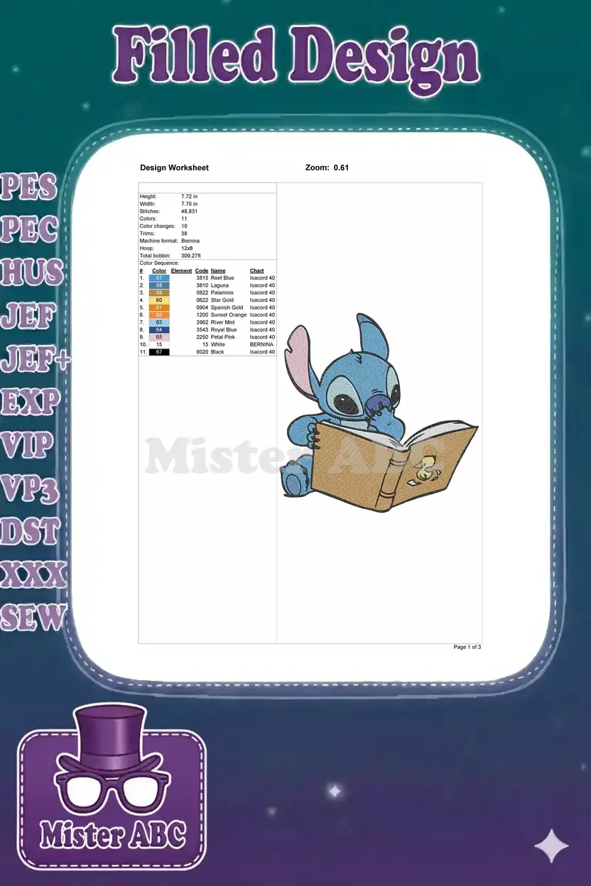 Detailed embroidery design worksheet for Stitch reading, showing dimensions, stitch count, color sequence, and thread codes.