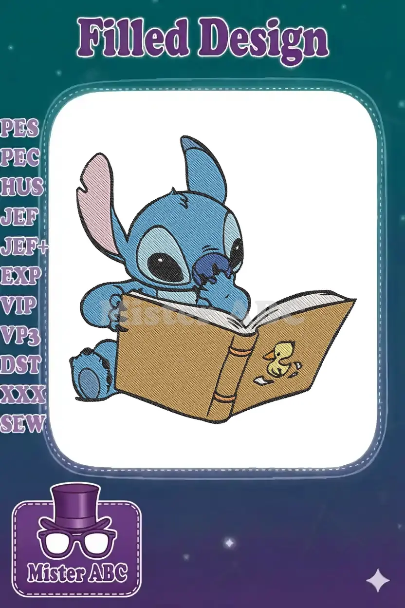 Adorable blue Stitch from Lilo & Stitch, sitting and intently reading a brown book with a yellow duck on it.